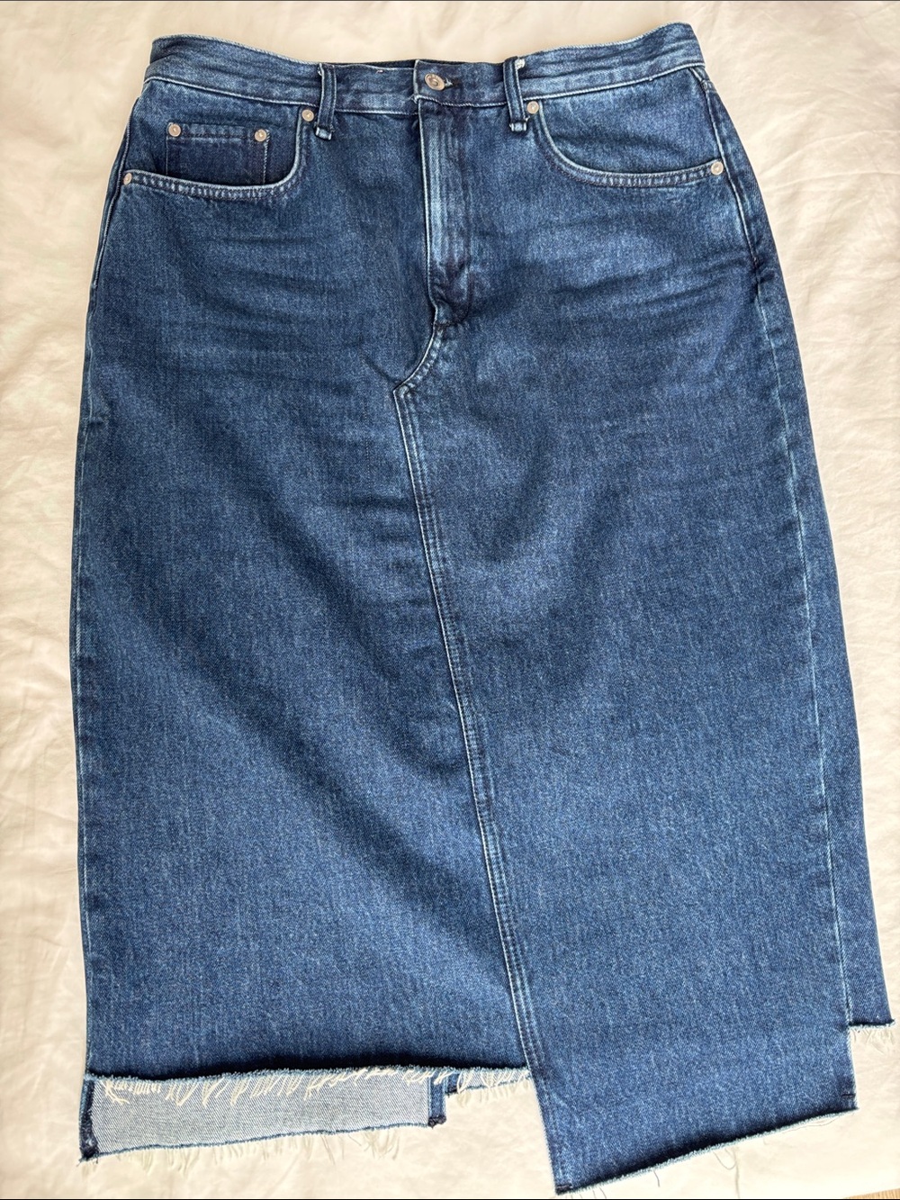 Rag & Bone Denim Midi Skirt with Frayed Hem - Blue (size 33)